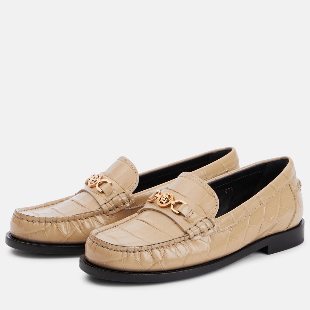 Versace Beige Croc-Embossed Leather Loafers with Gold Hardware